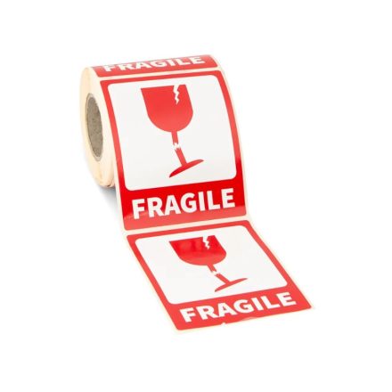 Figyelmeztető csomagcímke 80x100 mm FRAGILE oldalnézetből – Mű-Pack